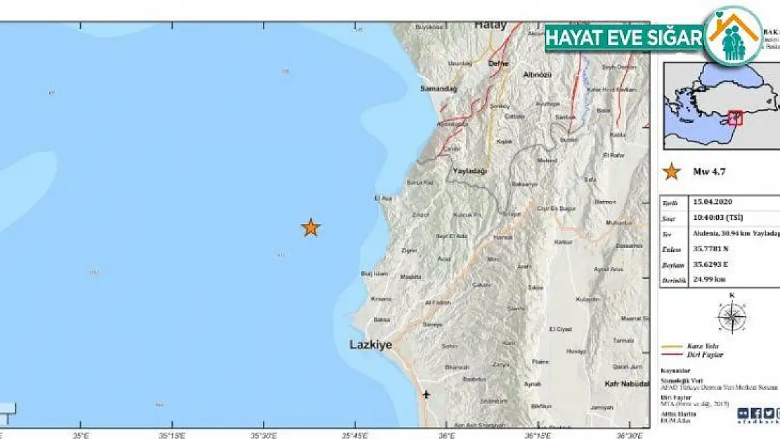 AFAD:'Akdeniz'de Hatay, Yayladağı açıklarında saat 10.40'ta 4,7 büyüklüğünde bir deprem meydana gelmiştir. '