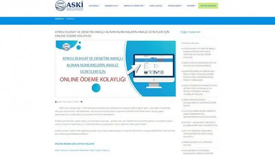 ASKİ'den atık su analizlerine online ödeme