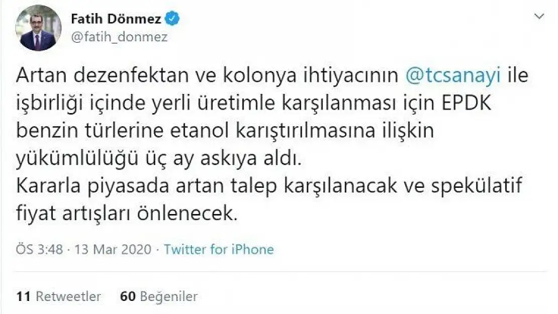 Bakan Dönmez: 'EPDK benzin türlerine etanol karıştırılmasına ilişkin yükümlülüğü 3 ay askıya aldı'