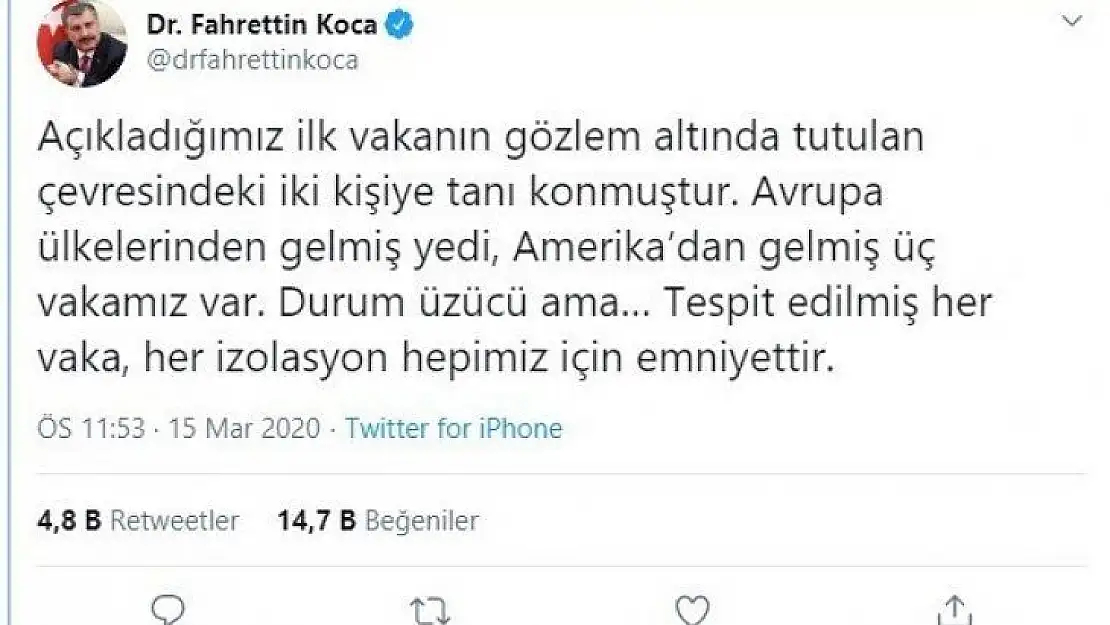 Bakan Koca: 'Avrupa'dan 7, Amerika'dan gelmiş 3 vakamız var'