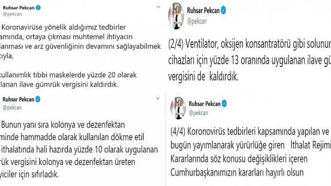 Bakan Pekcan: 'Tek kullanımlık tıbbi maskelerde yüzde 20 olarak uygulanan ilave gümrük vergisini kaldırdık'