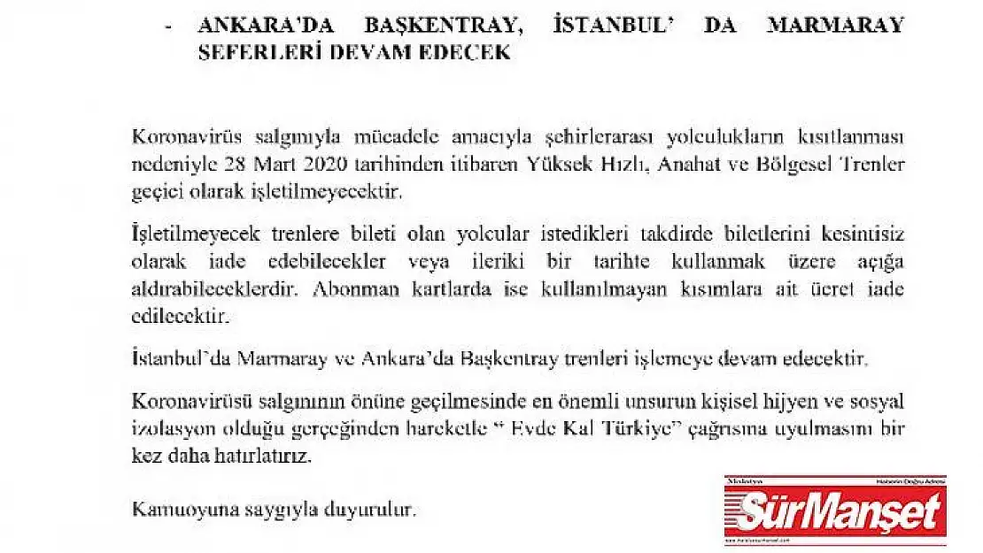 Başkentray ve Marmaray dışındaki tren seferleri durduruldu