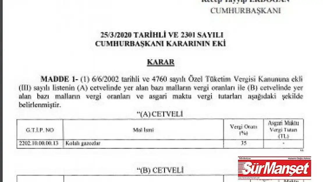 Bazı tütün ürünleri ve kolalı gazozlardaki ÖTV oranları yeniden belirlendi