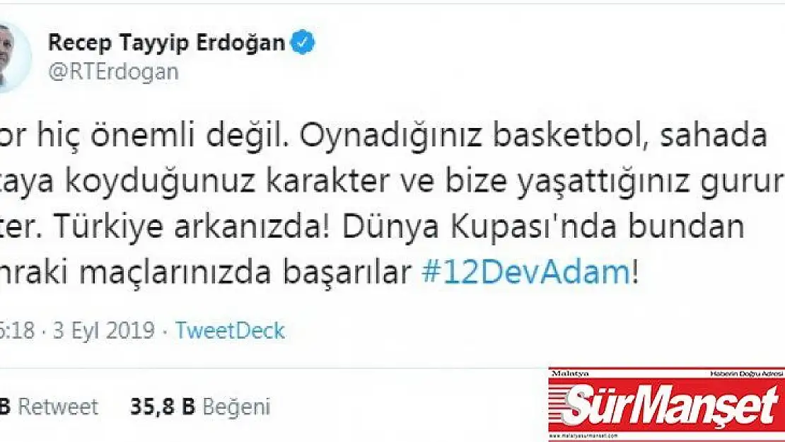 Cumhurbaşkanı Erdoğan'dan 12 Dev Adam'a mesaj