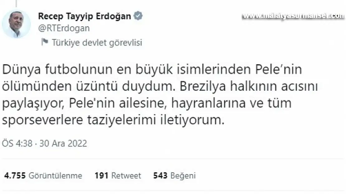 Cumhurbaşkanı Erdoğan'dan Brezilyalı futbolcu Pele için taziye mesajı