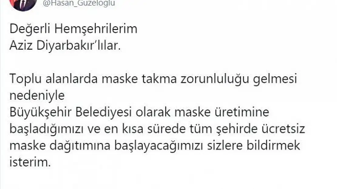 Diyarbakır'da vatandaşlara maskeler ücretsiz dağıtılacak