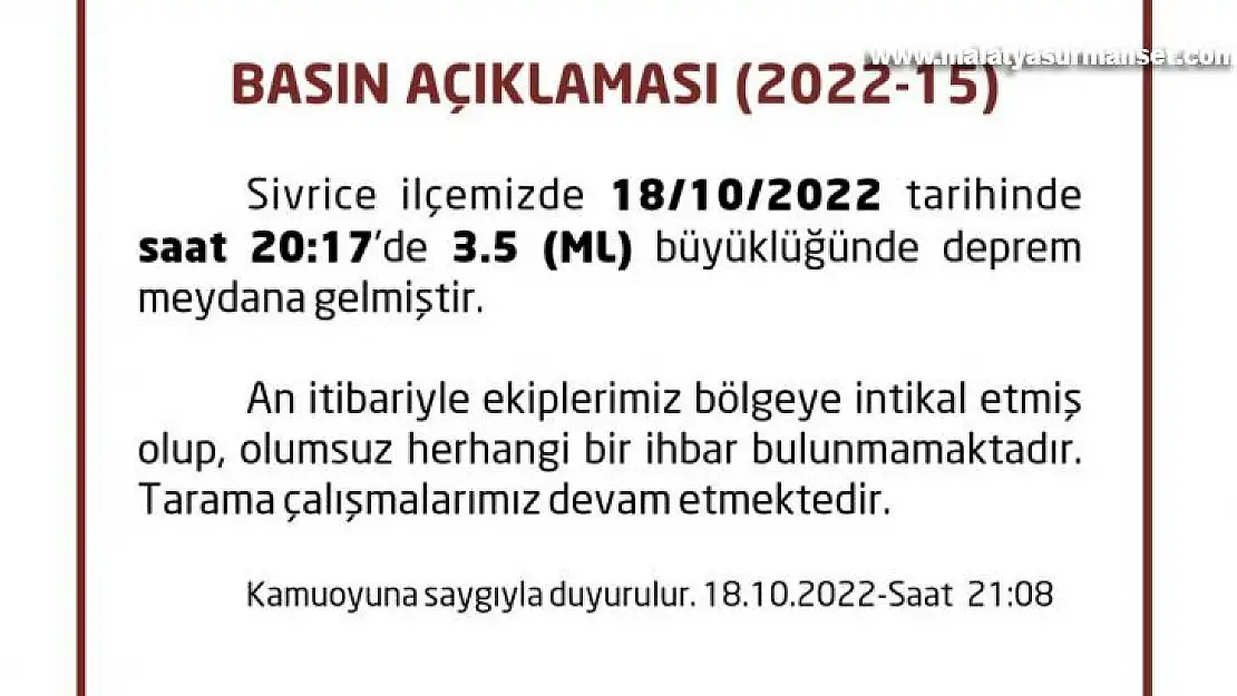 Elazığ'da 3.5 büyüklüğünde deprem