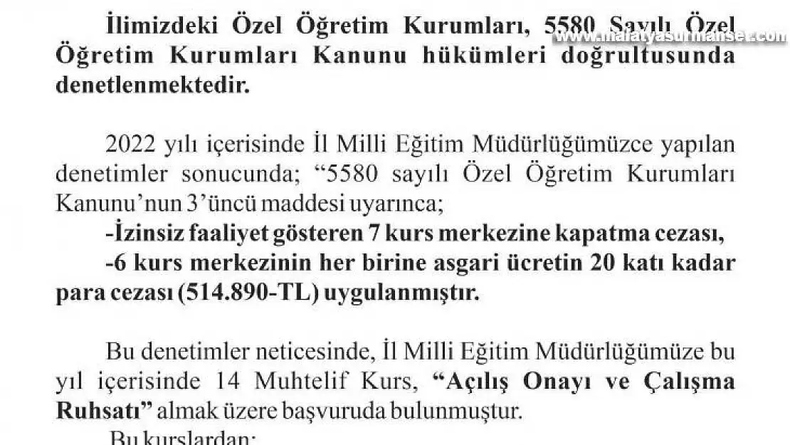 Elazığ'da 7 kurs merkezine kapatma cezası verildi