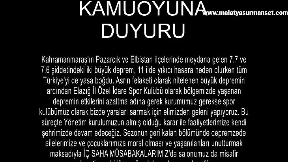 Elazığ İl Özel İdare SK: 'Faaliyetlerimize kendi şehrimizde devam edeceğiz'