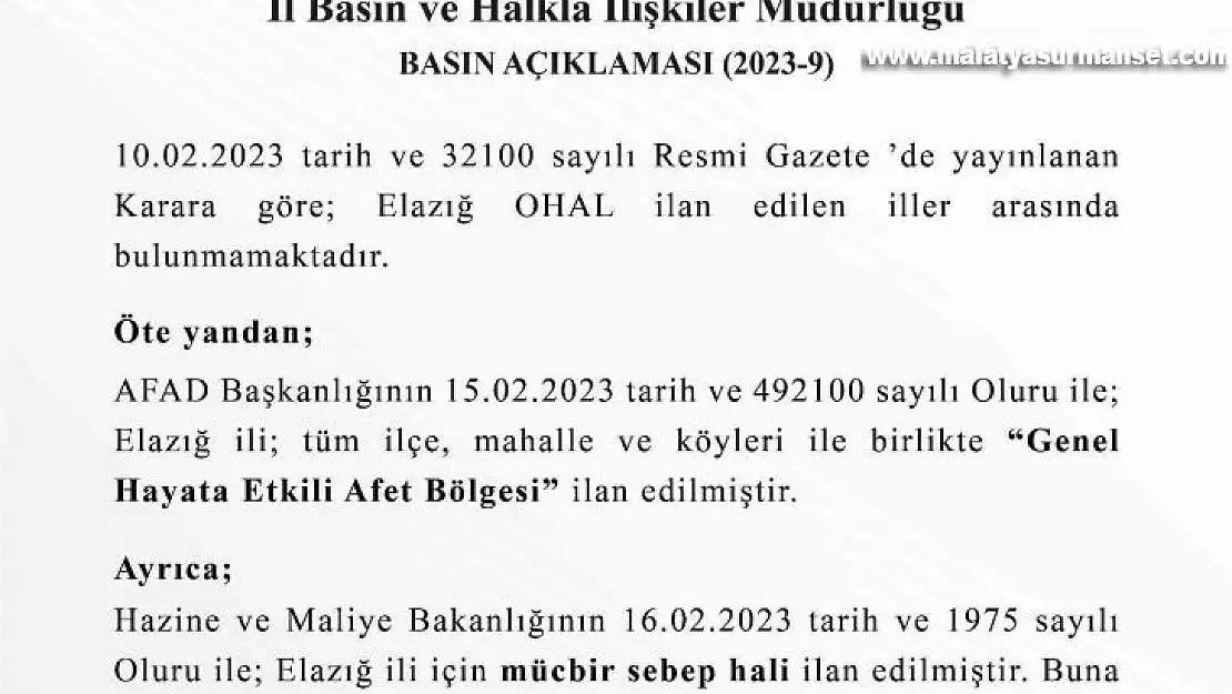 Elazığ Valiliği'nden OHAL açıklaması