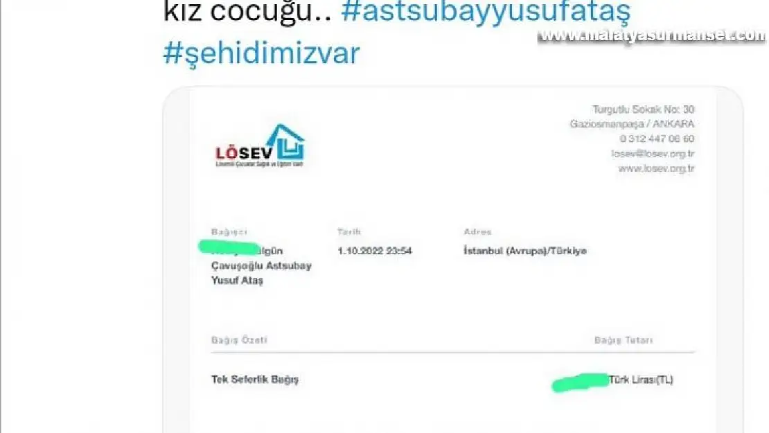 Elazığlı şehidin vasiyeti üzerine LÖSEV'e bağış yağdı