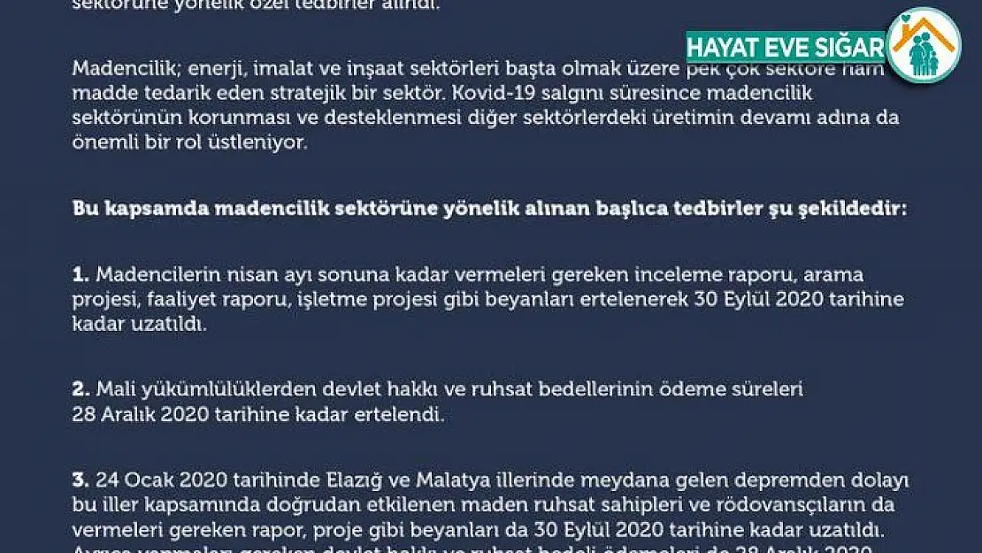 Enerji ve Tabii Kaynaklar Bakanlığından madencilik sektöründe korona virüs tedbirleri