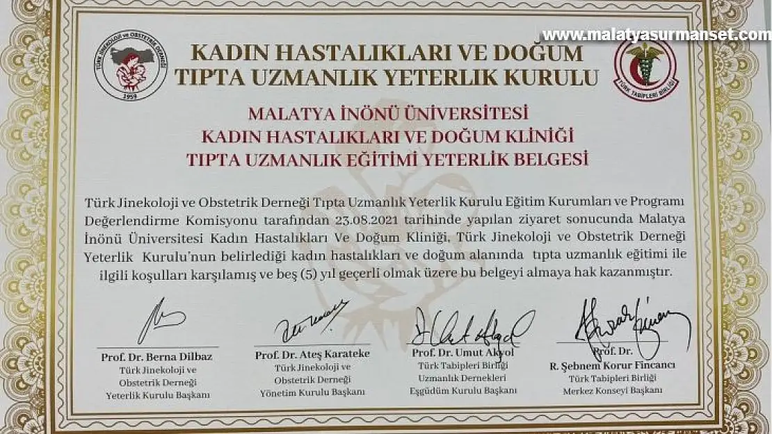 İnönü Kadın Hastalıkları ve Doğum Kliniği'ne yeterlilik belgesi