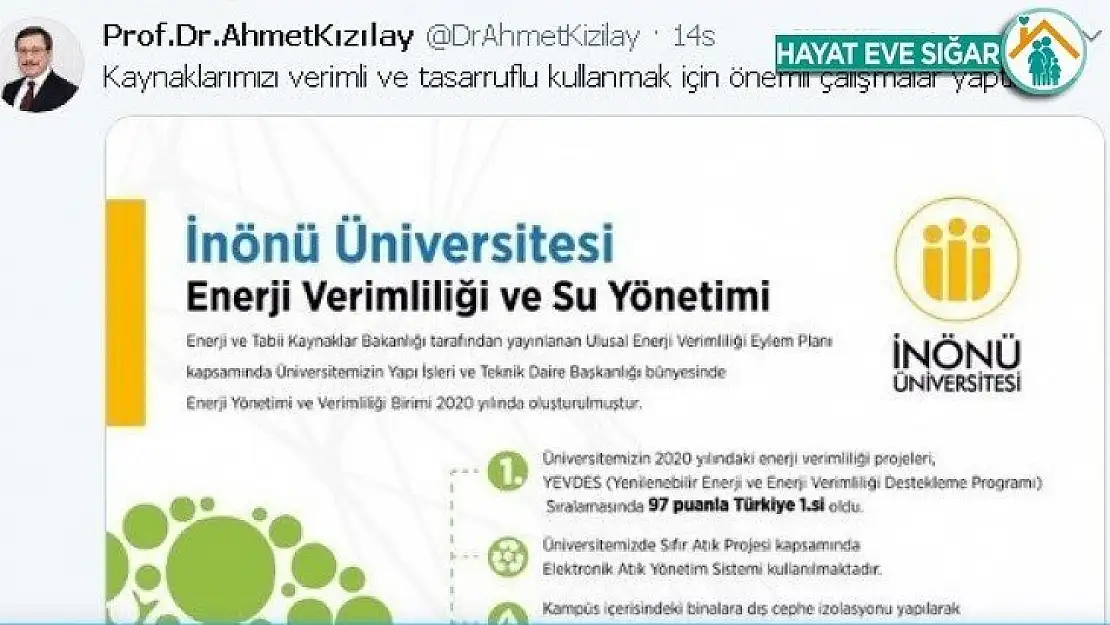 İnönü Üniversitesi enerji verimliliğinde Türkiye 1'ncisi