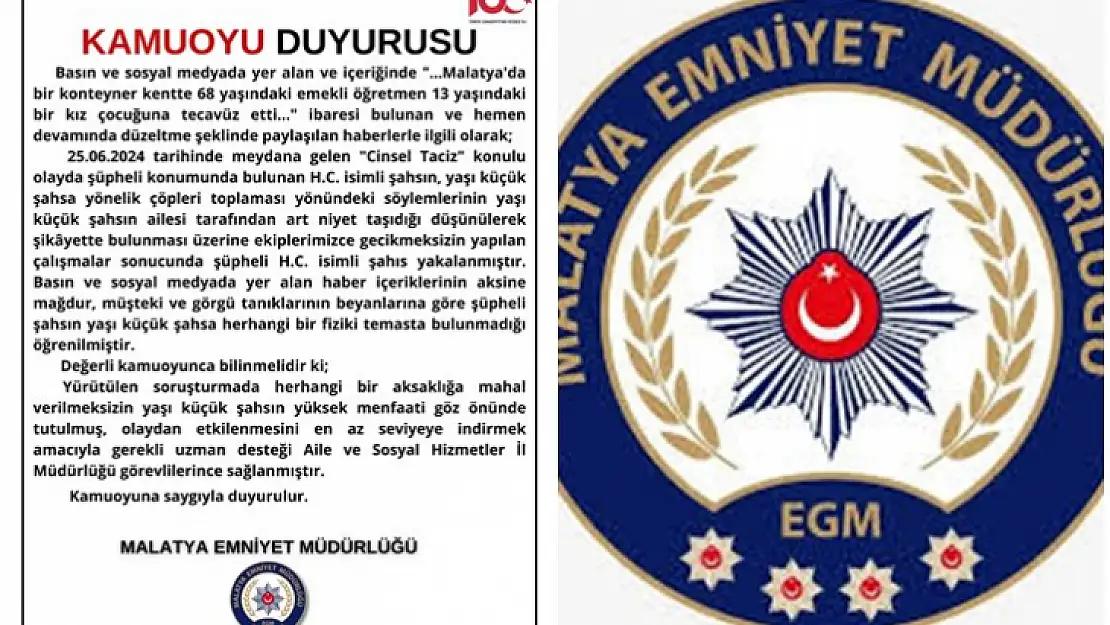 Malatya Emniyet Müdürlüğünden kız çocuğuna taciz iddialarına ilişkin açıklama