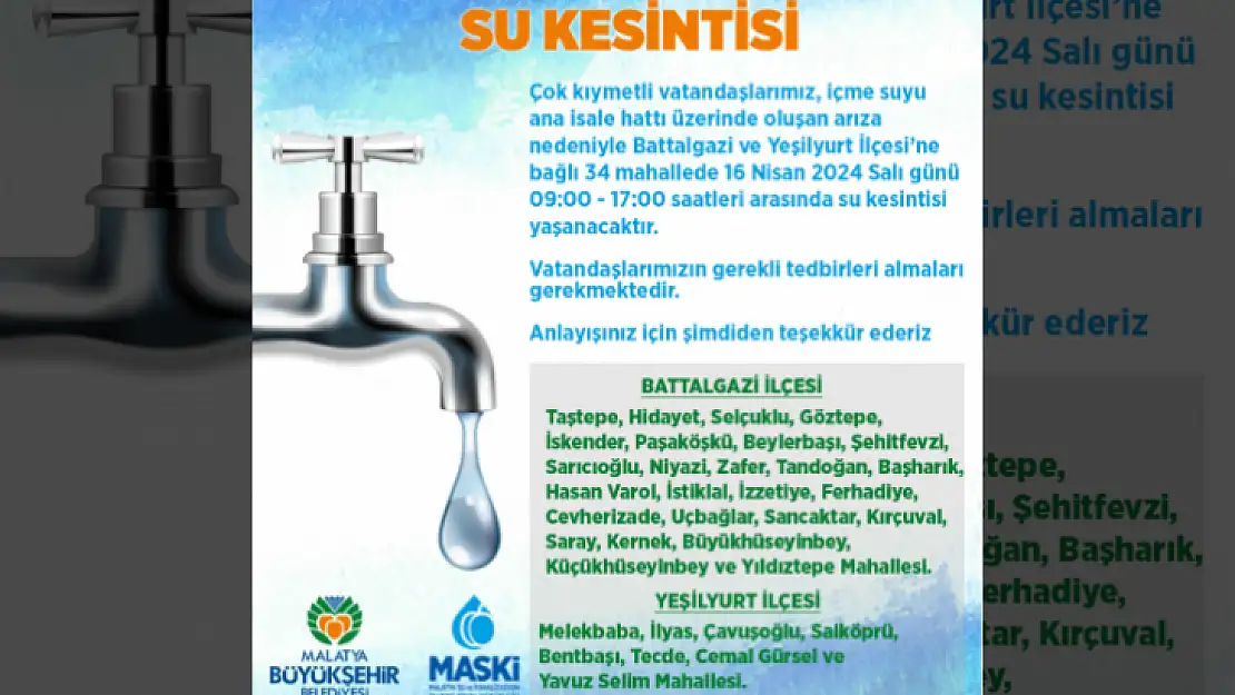 Maski'den Su Kesintisi Uyarısı!