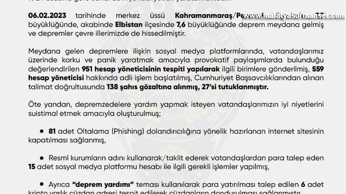 Sosyal medya platformlarında depreme ilişkin provokatif paylaşımlarda bulunan 27 kişi tutuklandı