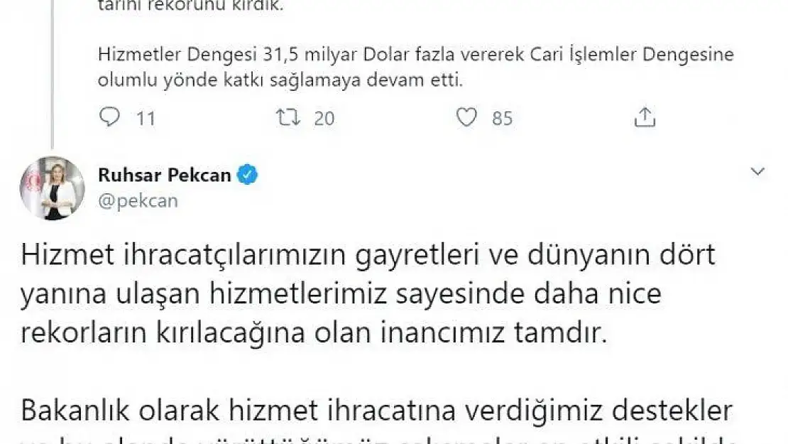 Ticaret Bakanı Pekcan: 'Hizmet ihracatında Cumhuriyet tarihi rekorunu kırdık'