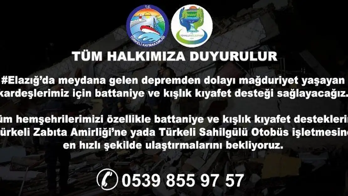 Türkeli'den Elazığ'a yardım eli