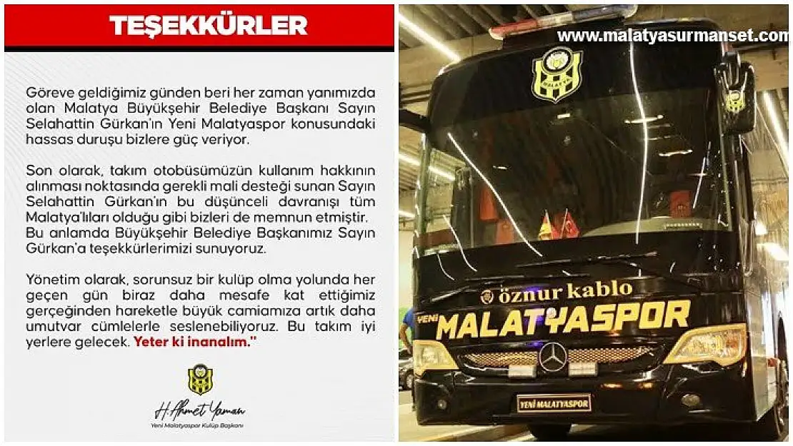 Yeni Malatyaspor'dan Başkan Gürkan'a Teşekkür