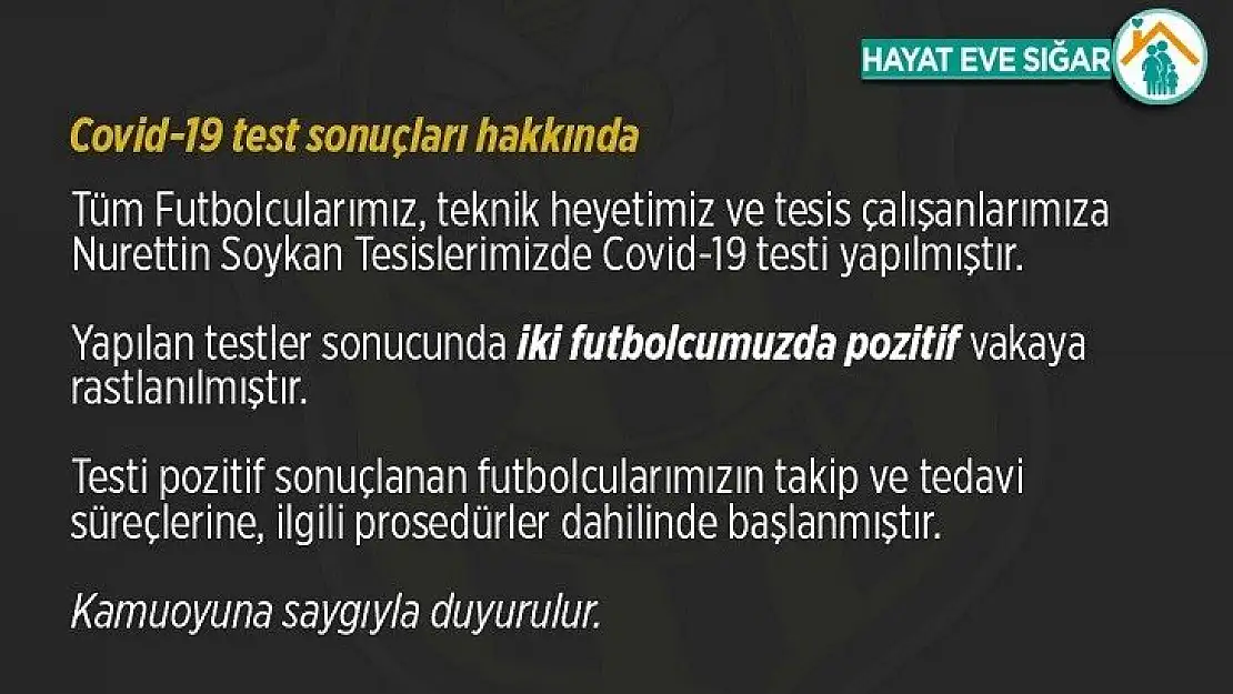 Yeni Malatyaspor, iki futbolcusunun korona virüs testinin pozitif çıktığını açıkladı.