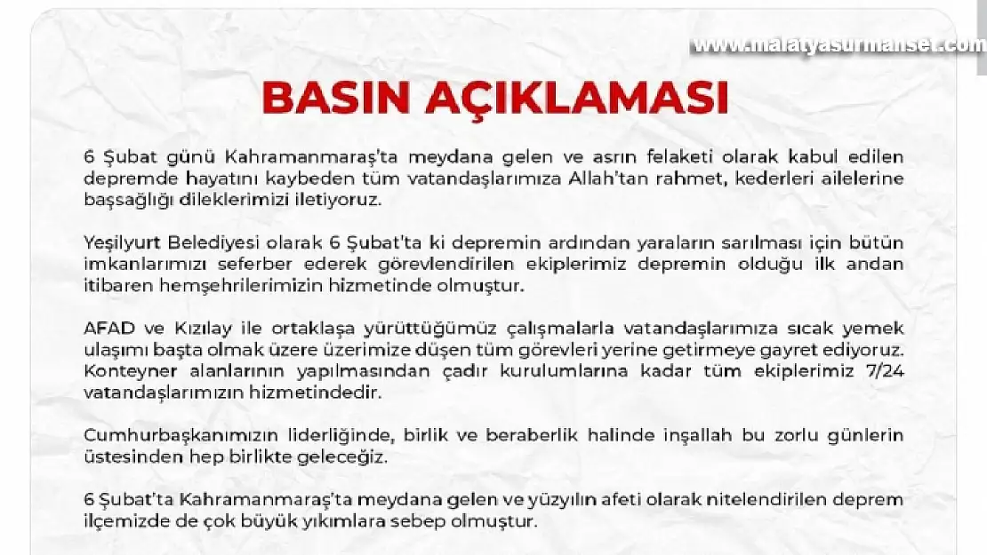 Yeşilyurt Belediyesi'nden Topsöğüt Konutları açıklaması