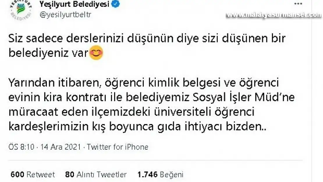 Yeşilyurt Belediyesinden üniversite öğrencilerine büyük jest