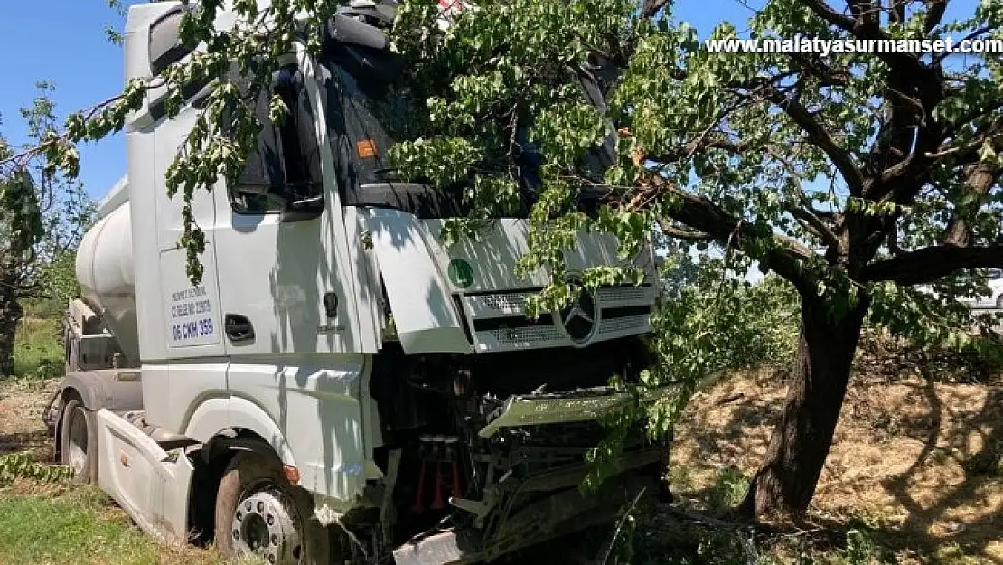 Yoldan çıkan tanker kayısı bahçesine girdi