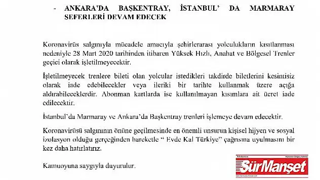 Başkentray ve Marmaray dışındaki tren seferleri durduruldu