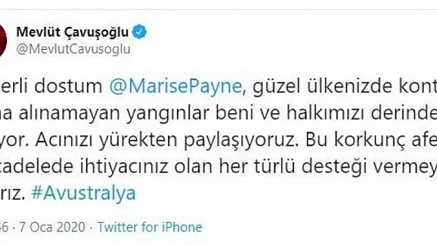 Dışişleri Bakanı Çavuşoğlu'ndan Avustralya mesajı