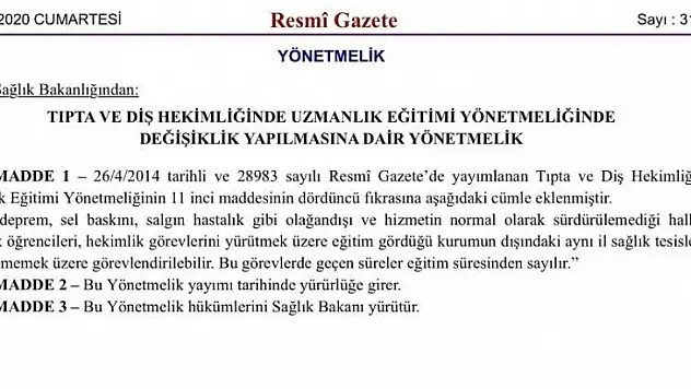 Tıpta ve diş hekimliğinde uzmanlık eğitimi yönetmeliğinde yapılan değişiklik Resmi Gazete'de