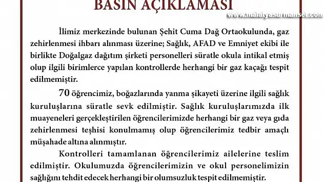 Valilikten açıklama: 'Öğrencilerimize herhangi bir gaz veya gıda zehirlenme teşhisi konulmamıştır'