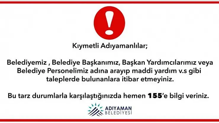 Adıyaman Belediyesi'nden 'Dolandırıcılık' uyarısı