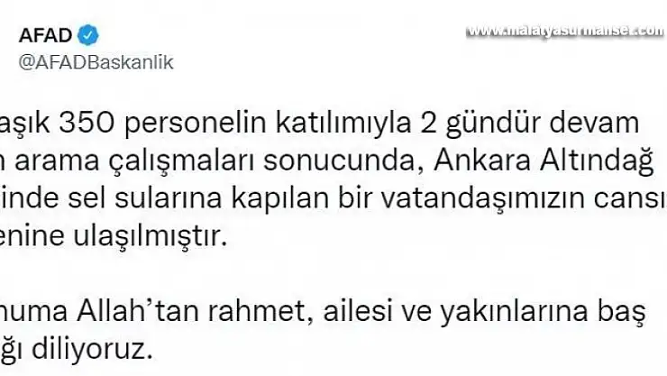 AFAD: 'Ankara Altındağ ilçesinde sel sularına kapılan bir vatandaşımızın cansız bedenine ulaşılmıştır'