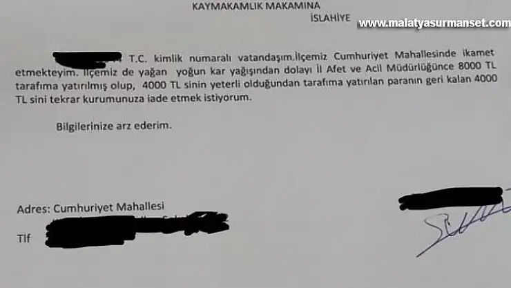 Afetzede gelen yardımın yarısını devlete iade etti