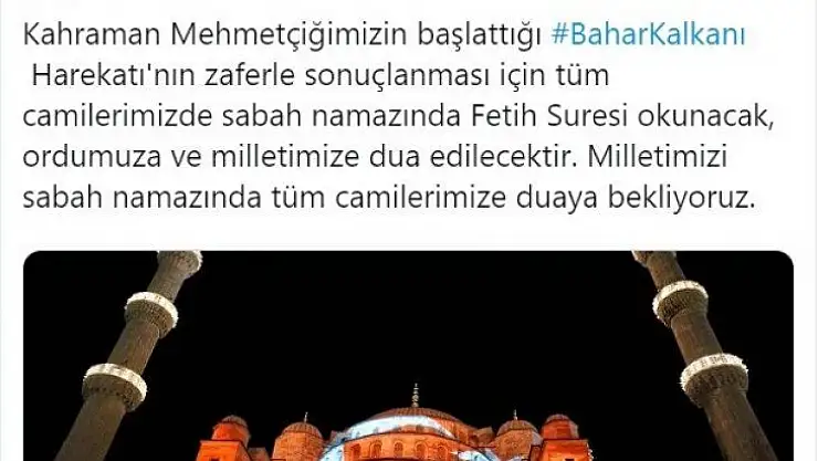 Bahar Kalkanı Harekatı için sabah namazında tüm camilerde Fetih Suresi okunacak