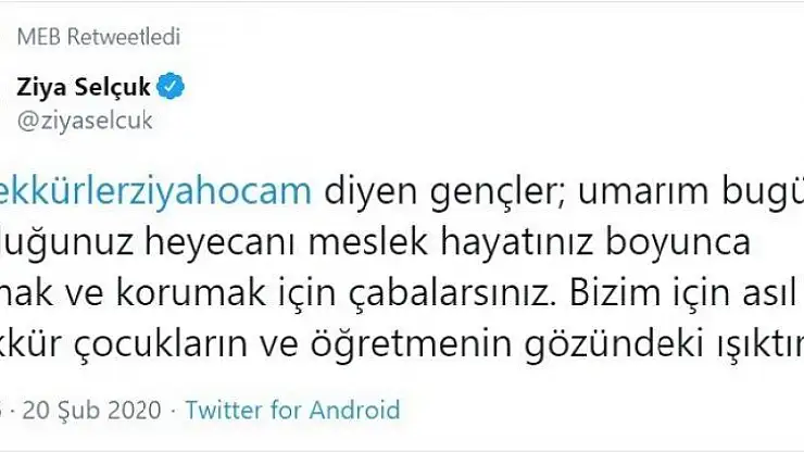 Bakan Selçuk: 'Bizim için asıl teşekkür çocukların ve öğretmenlerin güzündeki ışıktır'