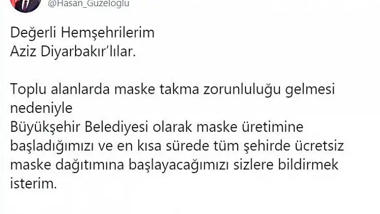 Diyarbakır'da vatandaşlara maskeler ücretsiz dağıtılacak