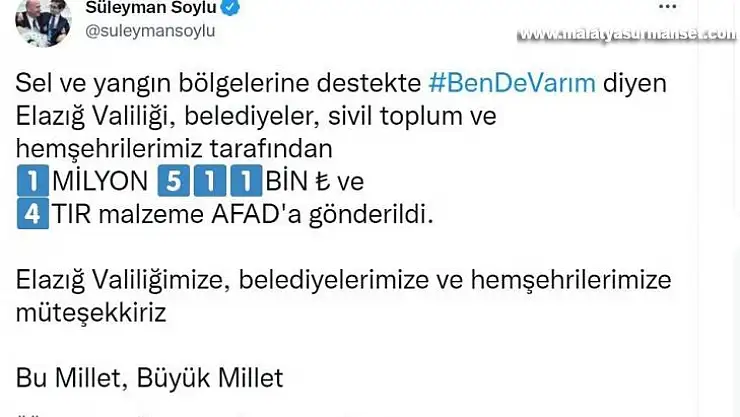 Elazığ'dan sel ve yangın bölgelerine 1 milyon 511 bin lira destek