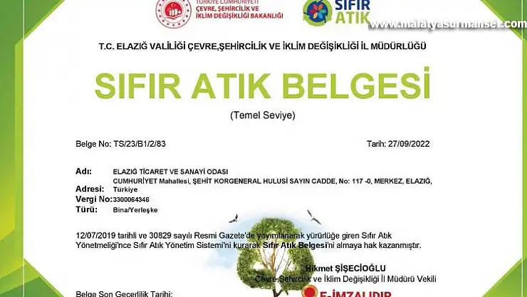 Elazığ TSO 'Sıfır Atık Belgesi' aldı