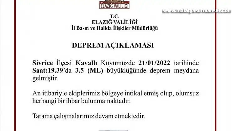 Elazığ Valiliğinden deprem açıklaması