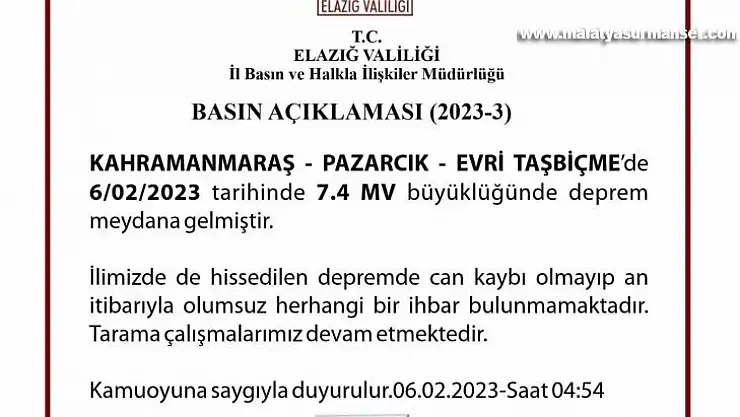 Elazığ Valisi Ömer Toraman: 'Şu ana kadar ilimizde herhangi bir yıkım ihbarı almadık'
