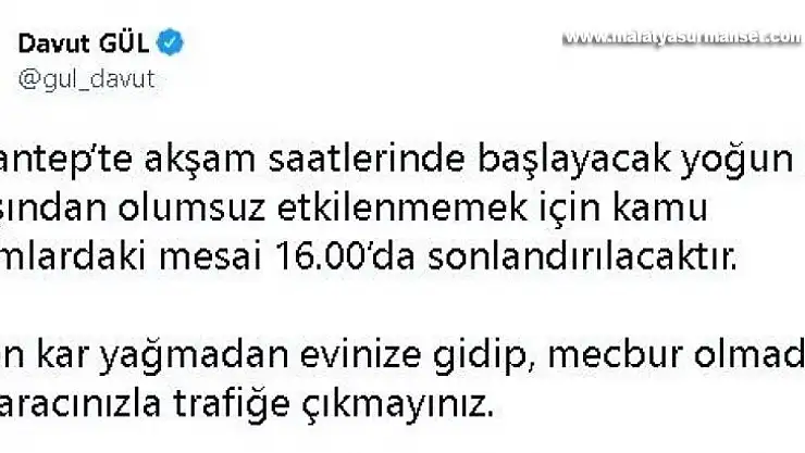 Gaziantep'te kamu mesaisi 16.00'da bitecek