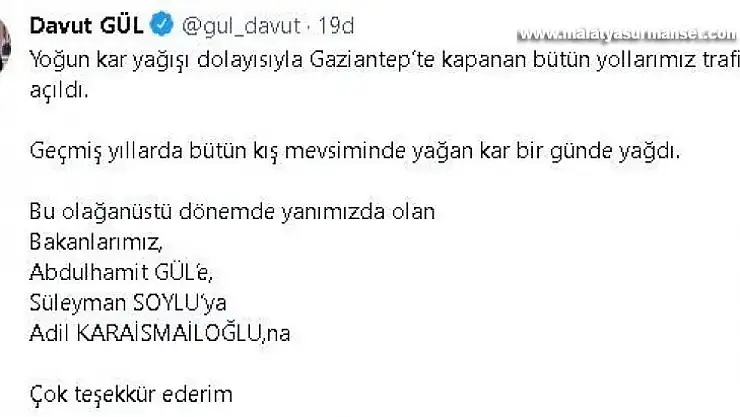 Gaziantep'te kapanan tüm yollar trafiğe açıldı