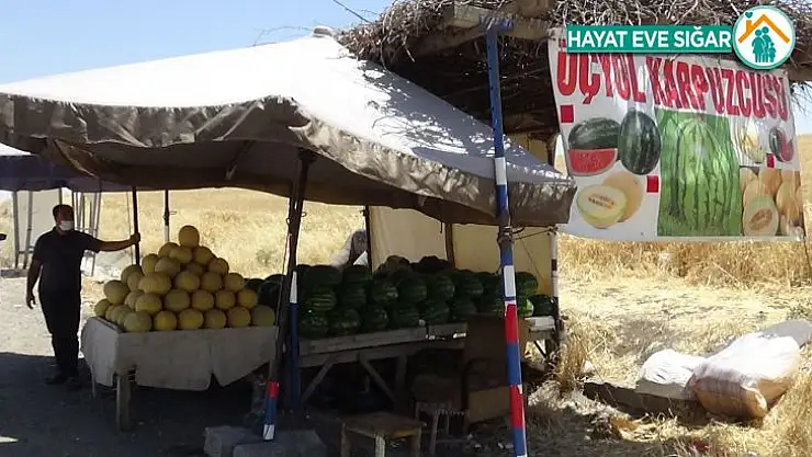 Kavurucu sıcakta karpuz ve kavun satarak ekmek parasını kazanıyor