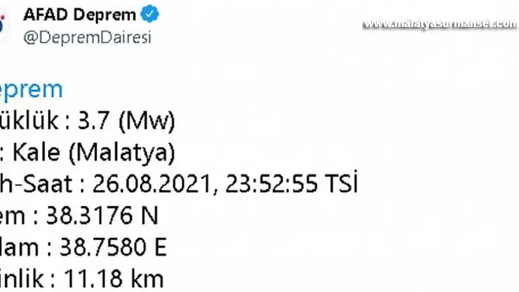 Malatya'da 3.7 büyüklüğünde deprem