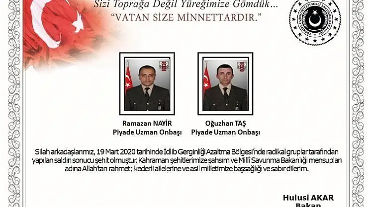 MSB: 'İdlib'de roketli saldırı sonucu 2 şehit oldu, 1 asker yaralandı'