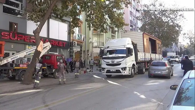 Prefabrik ev taşıyan tırın kırdığı ağaç 2 araca zarar verdi
