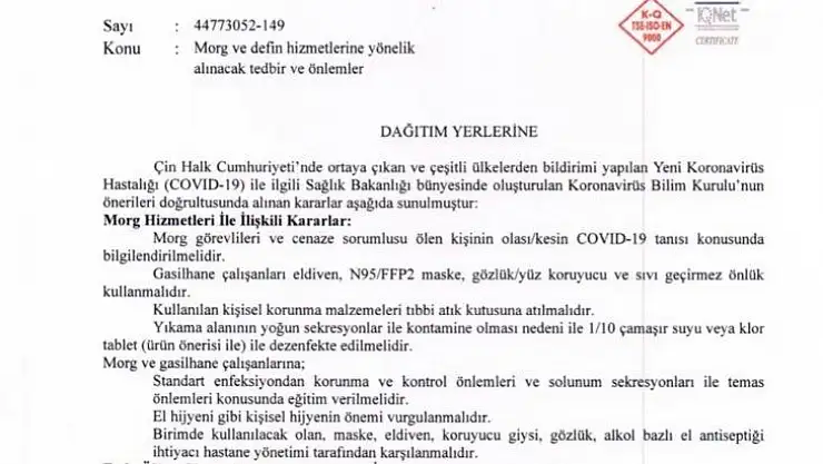 Sağlık Bakanlığından morg ve defin hizmetlerinde koronavirüs önlemi