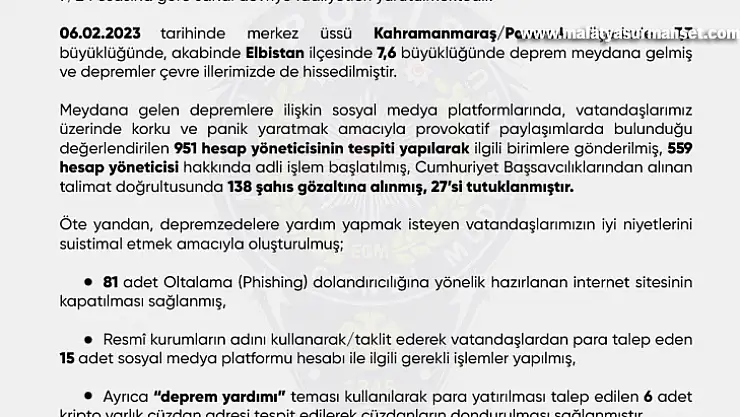 Sosyal medya platformlarında depreme ilişkin provokatif paylaşımlarda bulunan 27 kişi tutuklandı